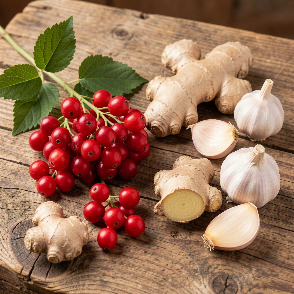 Fresh botanical ingredients including hawthorn berries, ginger root, and garlic arranged on natural wooden surface